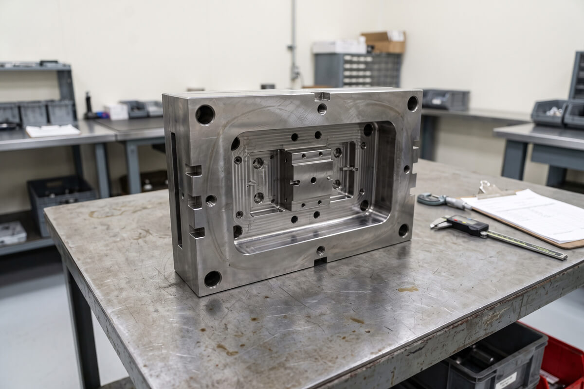 Precision CNC machined steel MUD rapid tooling core and cavity inserts on a clean workbench