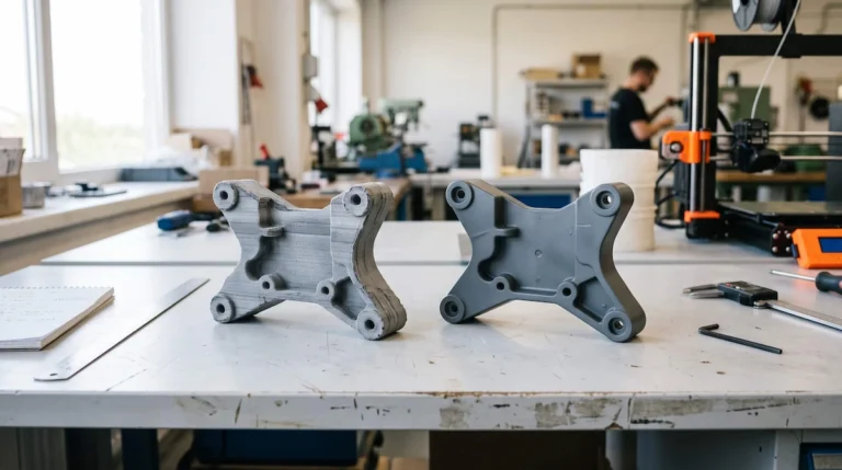 3D printed and injection molded plastic parts arranged side by side for cost comparison
