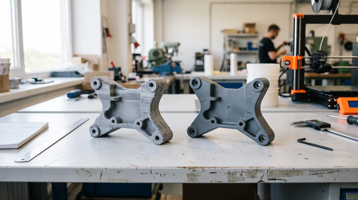 3d-printed-injection-molded-parts-cost-comparison 3D printed and injection molded plastic parts arranged side by side for cost comparison
