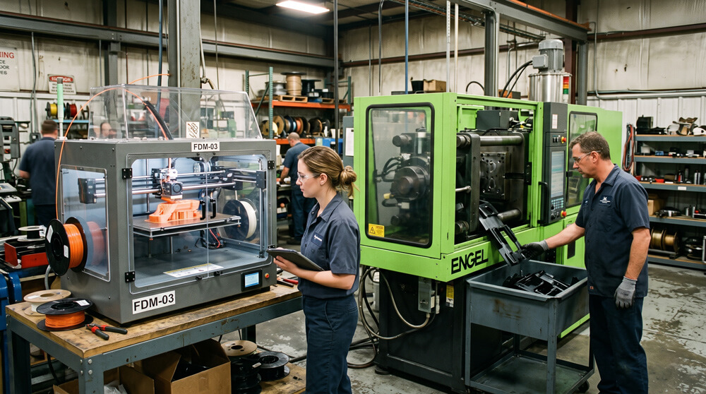 3d-printer-injection-molding-machine-side-by-side 3D printer and injection molding machine running side by side in a factory