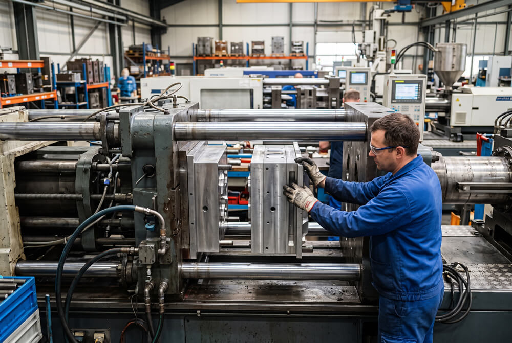 Aluminum bridge tooling insert being loaded into an injection molding machine