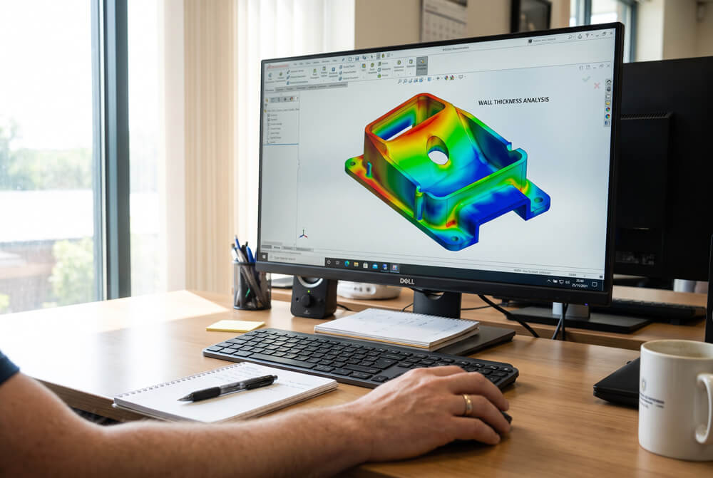 CAD wall thickness analysis heat map on a plastic part design