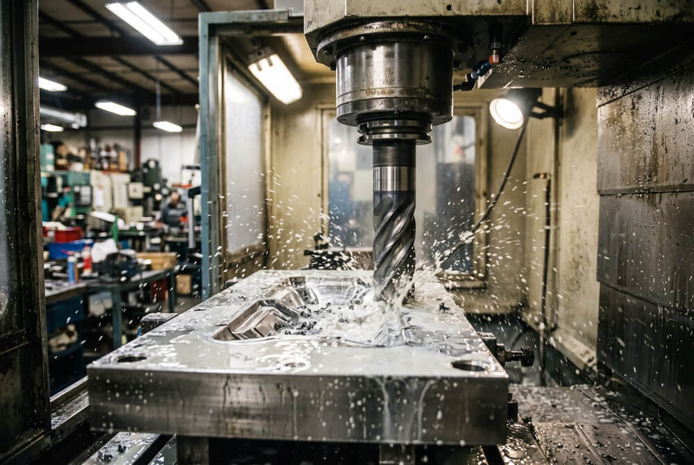 CNC machine cutting a steel injection mold cavity block