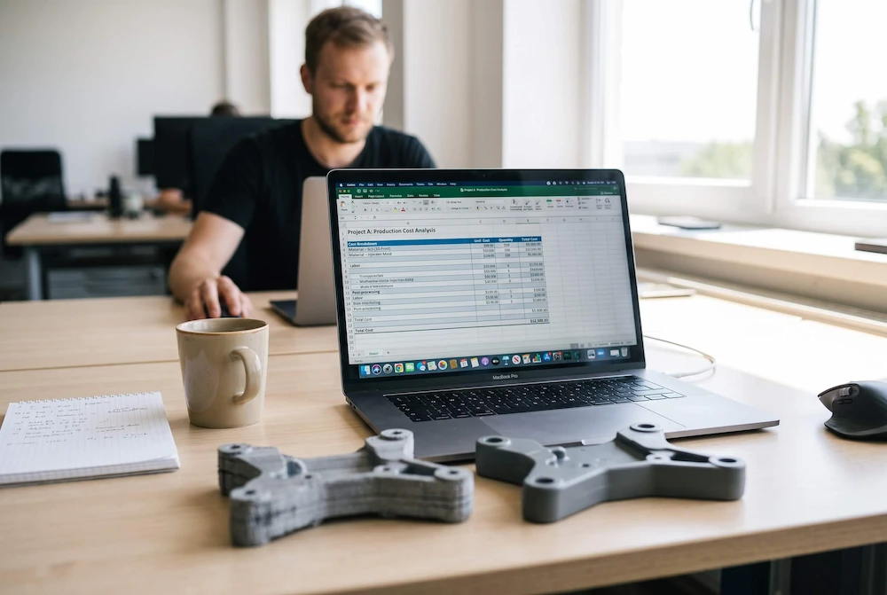 Cost breakdown spreadsheet next to sample injection molded and 3D printed parts