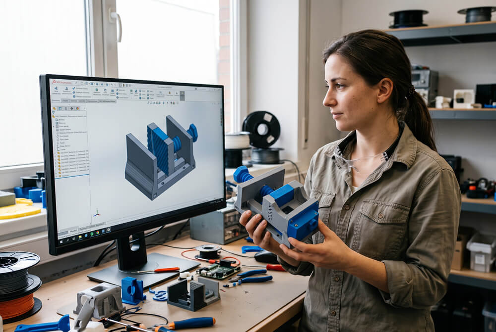 Engineer comparing a 3D printed prototype part to a CAD drawing