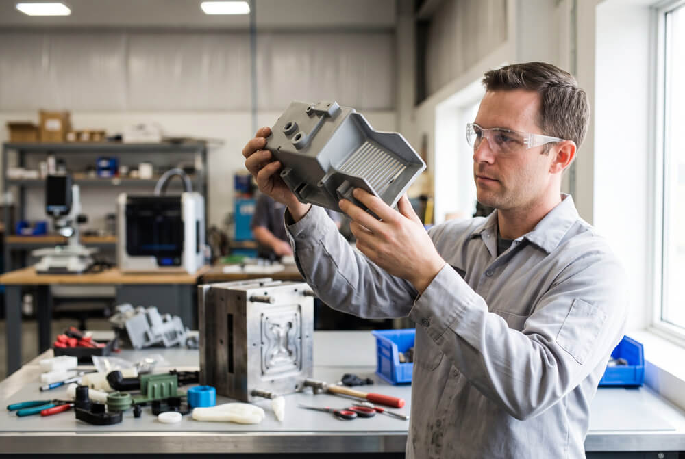 Engineer inspecting draft angle taper on an injection molded plastic part