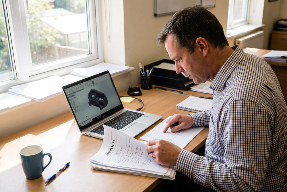 Engineer reviewing an annotated DFM report before mold tooling begins