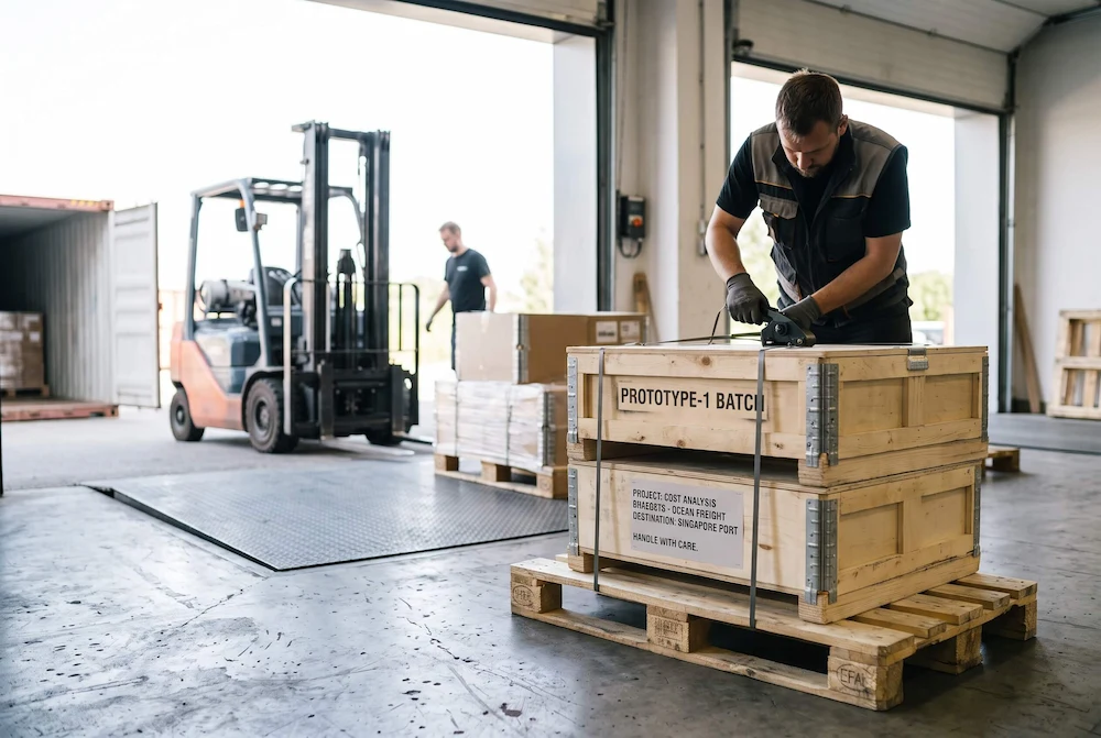 Export crates being palletized for ocean freight shipment at a factory