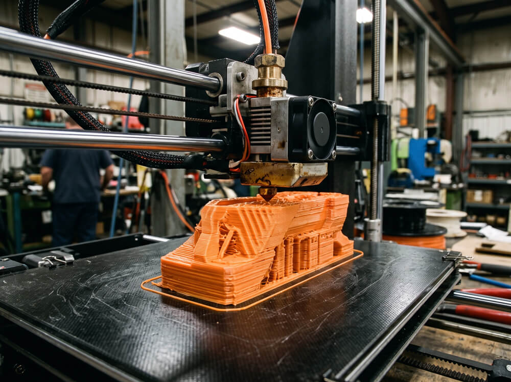 Close-up of an FDM 3D printer nozzle depositing plastic layers