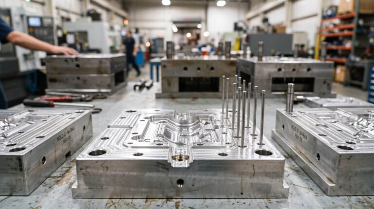 Precision-machined injection mold cavity blocks with ejector pins on a factory floor