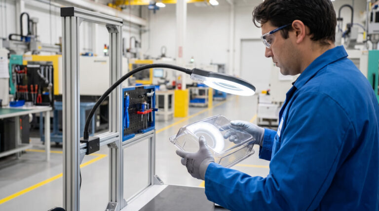 Engineer inspecting a glossy injection molded plastic part under bright workshop lighting