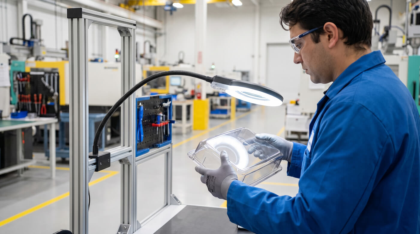 injection-molded-part-quality-inspection Engineer inspecting a glossy injection molded plastic part under bright workshop lighting