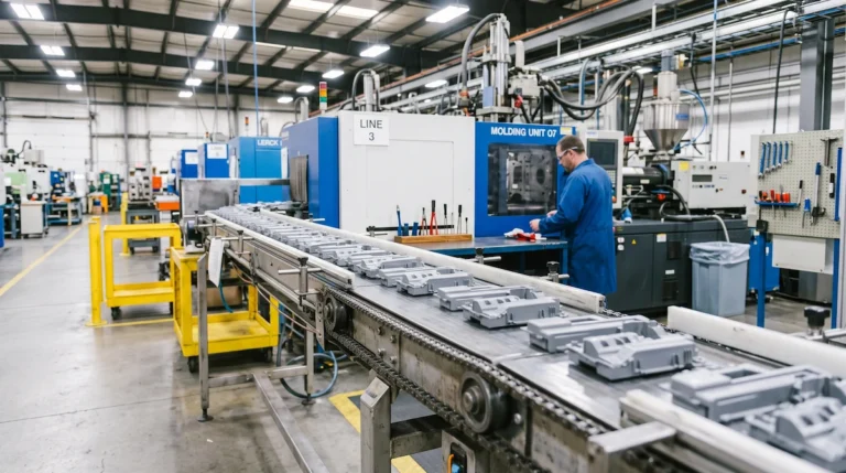 Injection molded plastic parts moving along a production conveyor