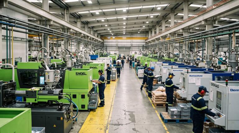 Injection molding factory floor with rows of running molding machines