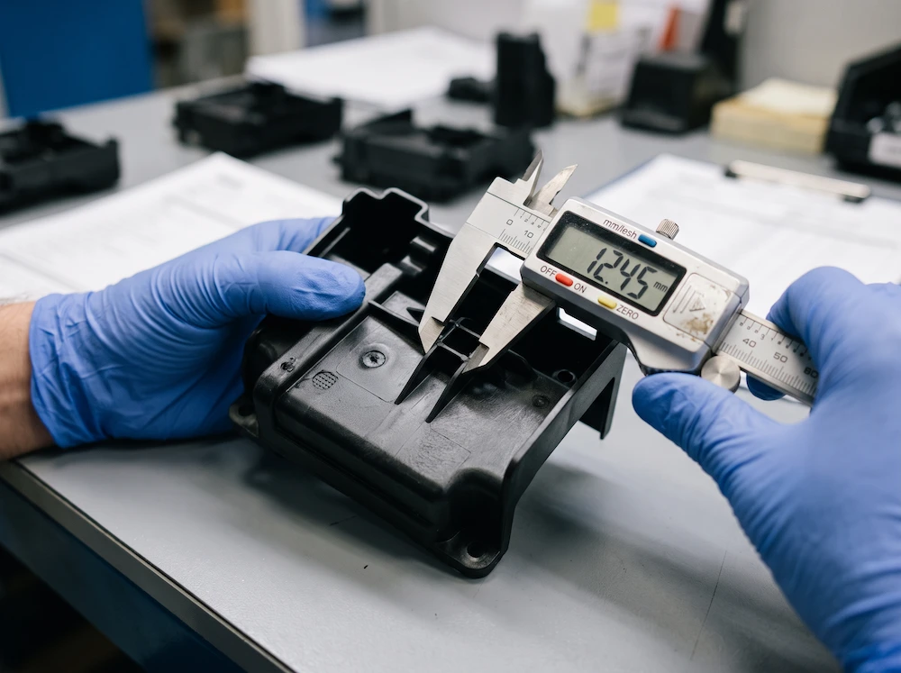 Inspector measuring a molded plastic part with calipers during T1 sampling