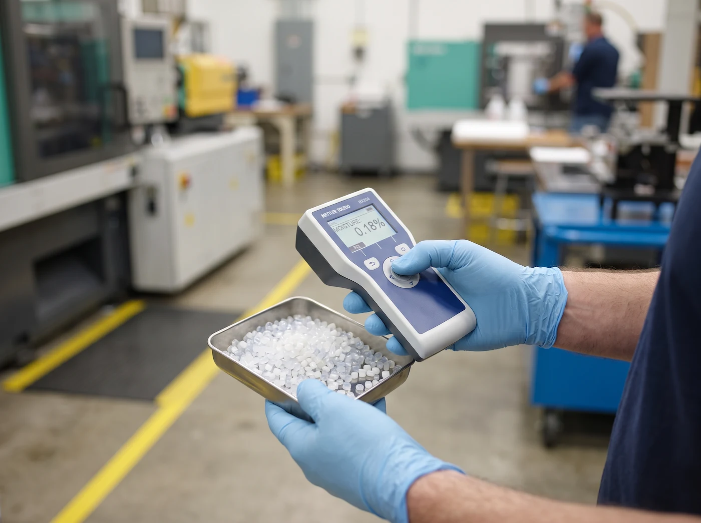 Engineer using a handheld moisture analyzer to test plastic resin pellets