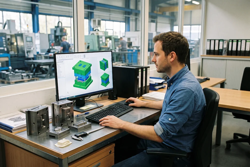 Mold engineer reviewing CAD tooling design on a computer screen