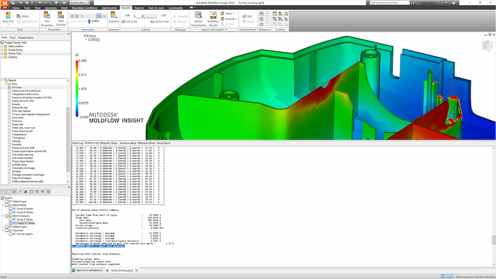 Mold flow simulation analysis on a computer screen showing plastic fill pattern
