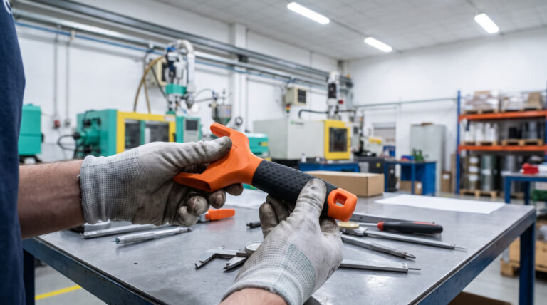 Engineer inspecting an overmolded soft-grip tool handle under bright workshop lighting