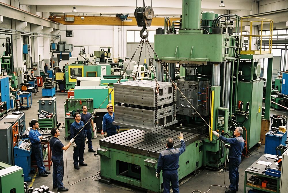 Production steel injection mold being installed into a molding press