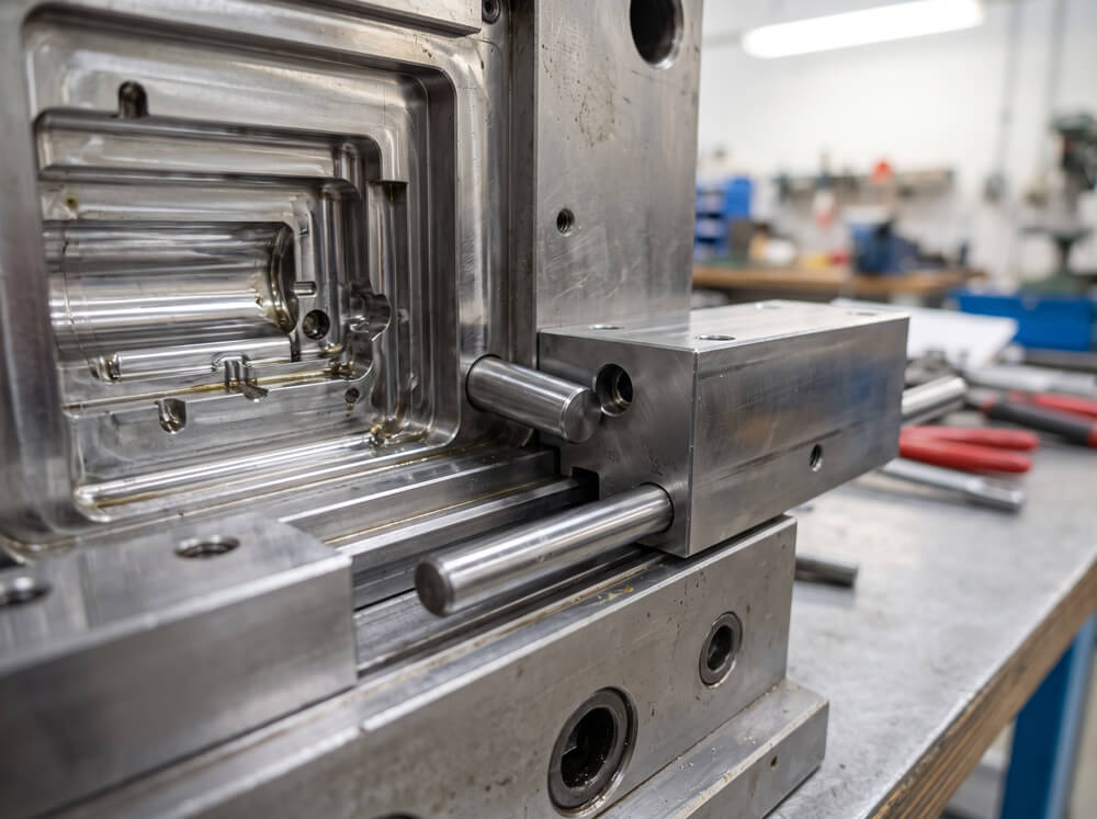 Close-up of a side-action slide mechanism inside an injection mold