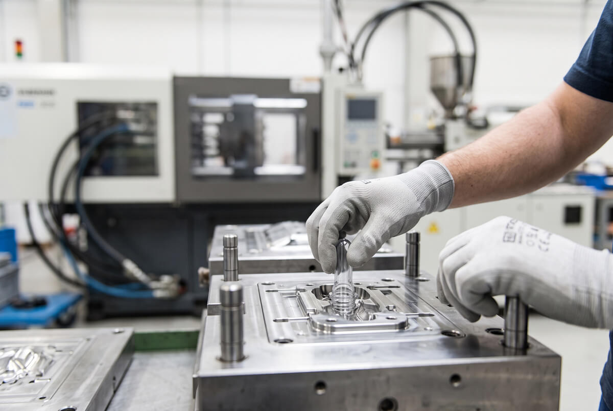 Technician manually placing a molded plastic substrate part into an overmold cavity