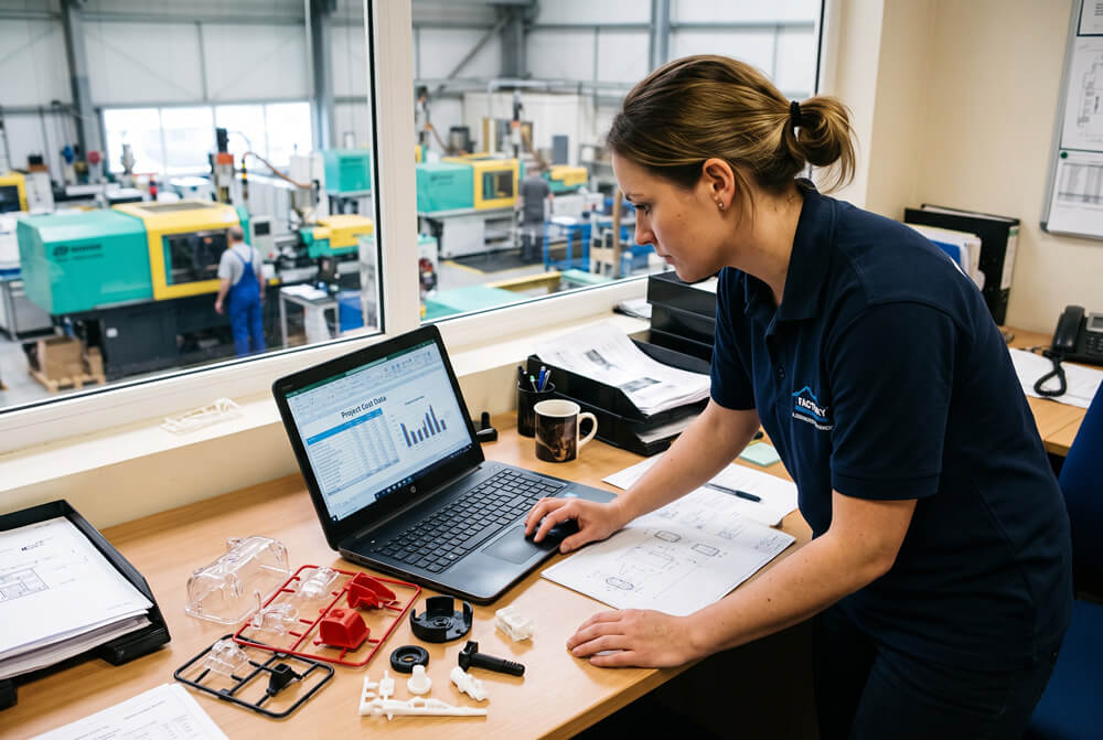 Technician reviewing production cost data next to injection molded sample parts