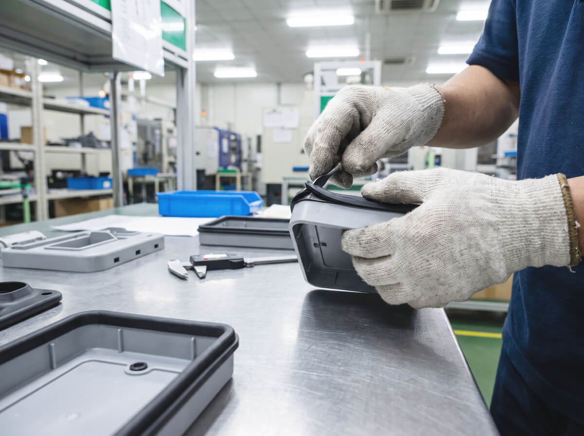 Technician performing a peel test on an overmolded TPE sample part