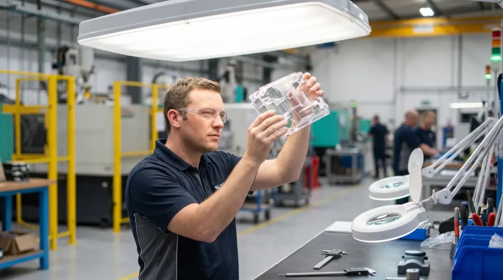 Engineer holding a clear injection molded plastic part up to light for optical inspection