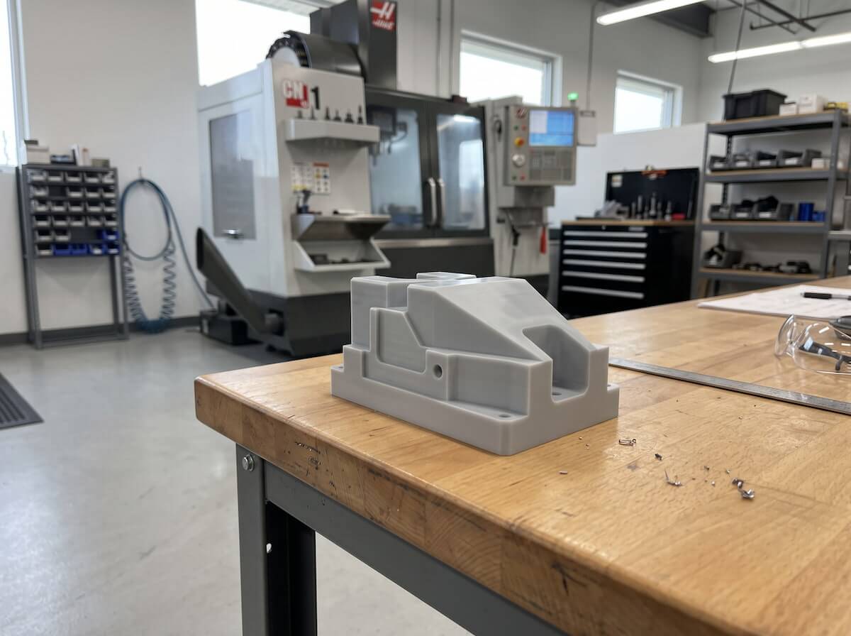 A CNC machined plastic prototype part with a smooth surface finish on a workbench