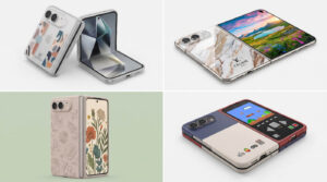 A 2x2 grid displaying four custom protective cases for a foldable smartphone, featuring an abstract geometric clear case, a luxury marble pattern, an embossed pink floral design, and a retro gaming console theme.