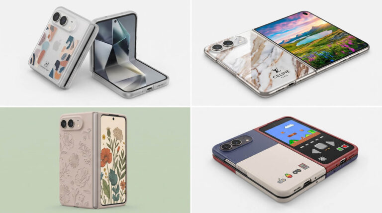 A 2x2 grid displaying four custom protective cases for a foldable smartphone, featuring an abstract geometric clear case, a luxury marble pattern, an embossed pink floral design, and a retro gaming console theme.