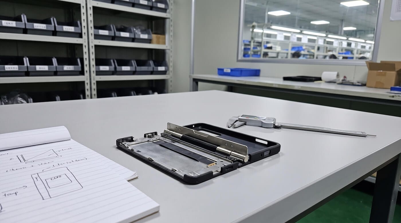 A foldable phone case hinge mechanism prototype sample on a table