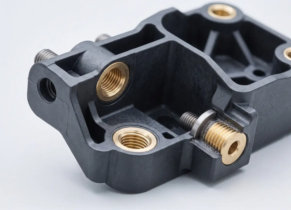 Insert molded plastic part with embedded metal insert component