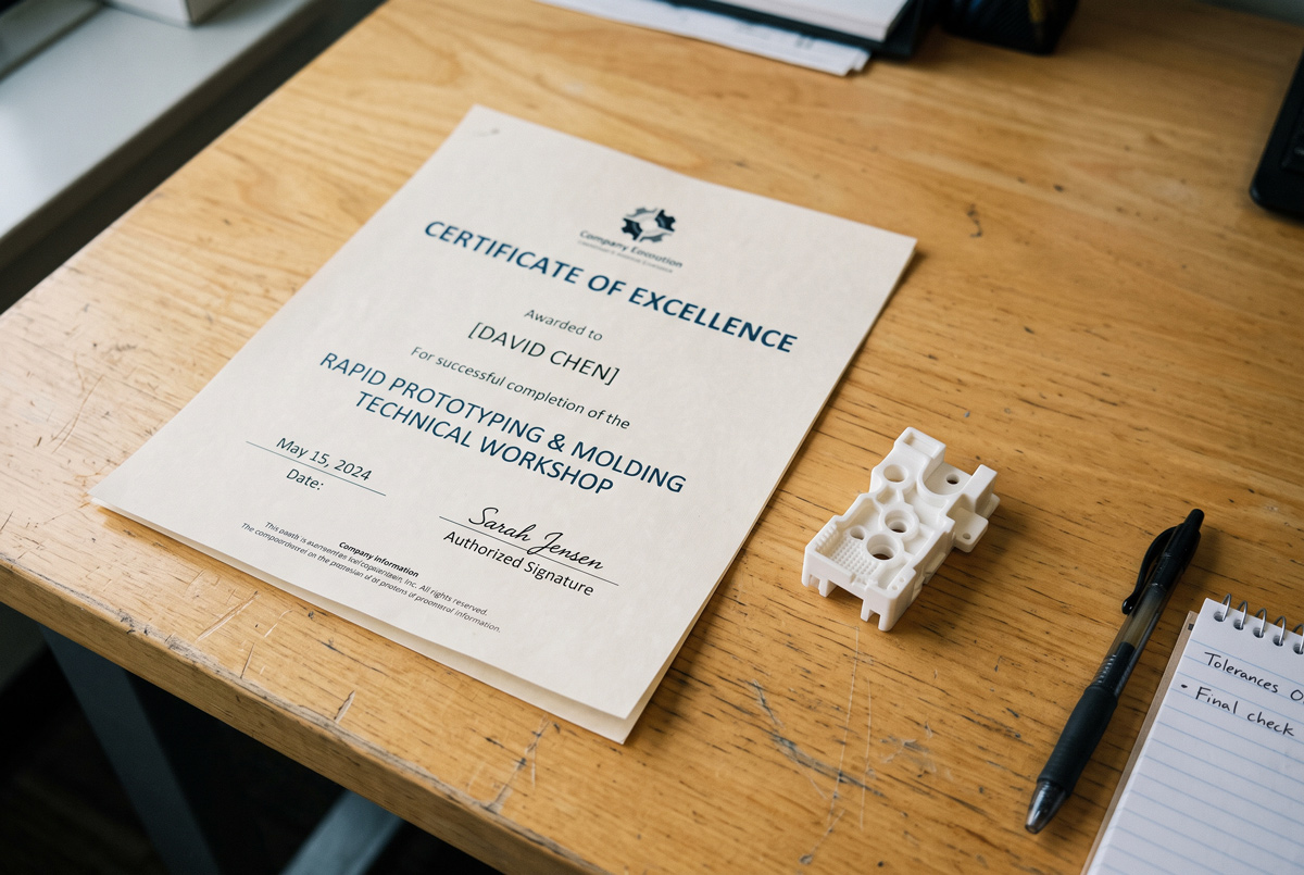 Certificate of analysis paperwork next to a molded plastic sample part on a desk