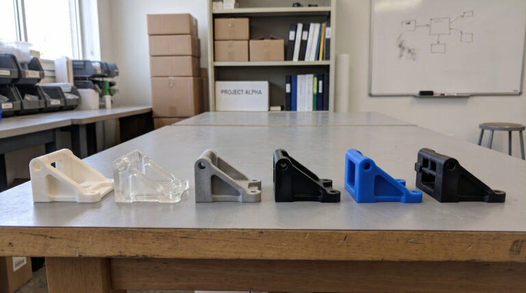 Several versions of the same small plastic part made by different prototyping methods lined up together