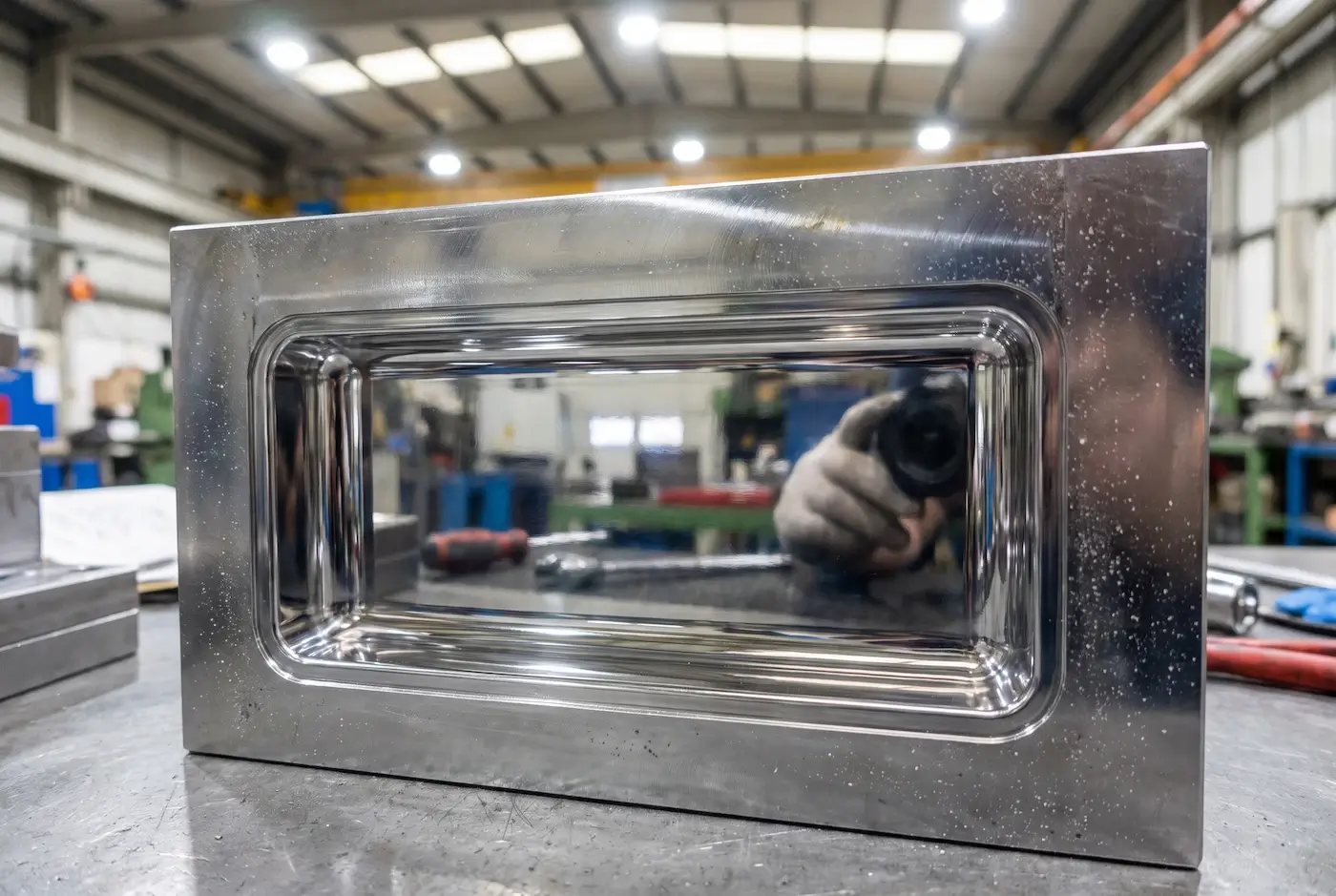 Toolmaker holding a mirror-polished injection mold cavity insert for clear plastic parts