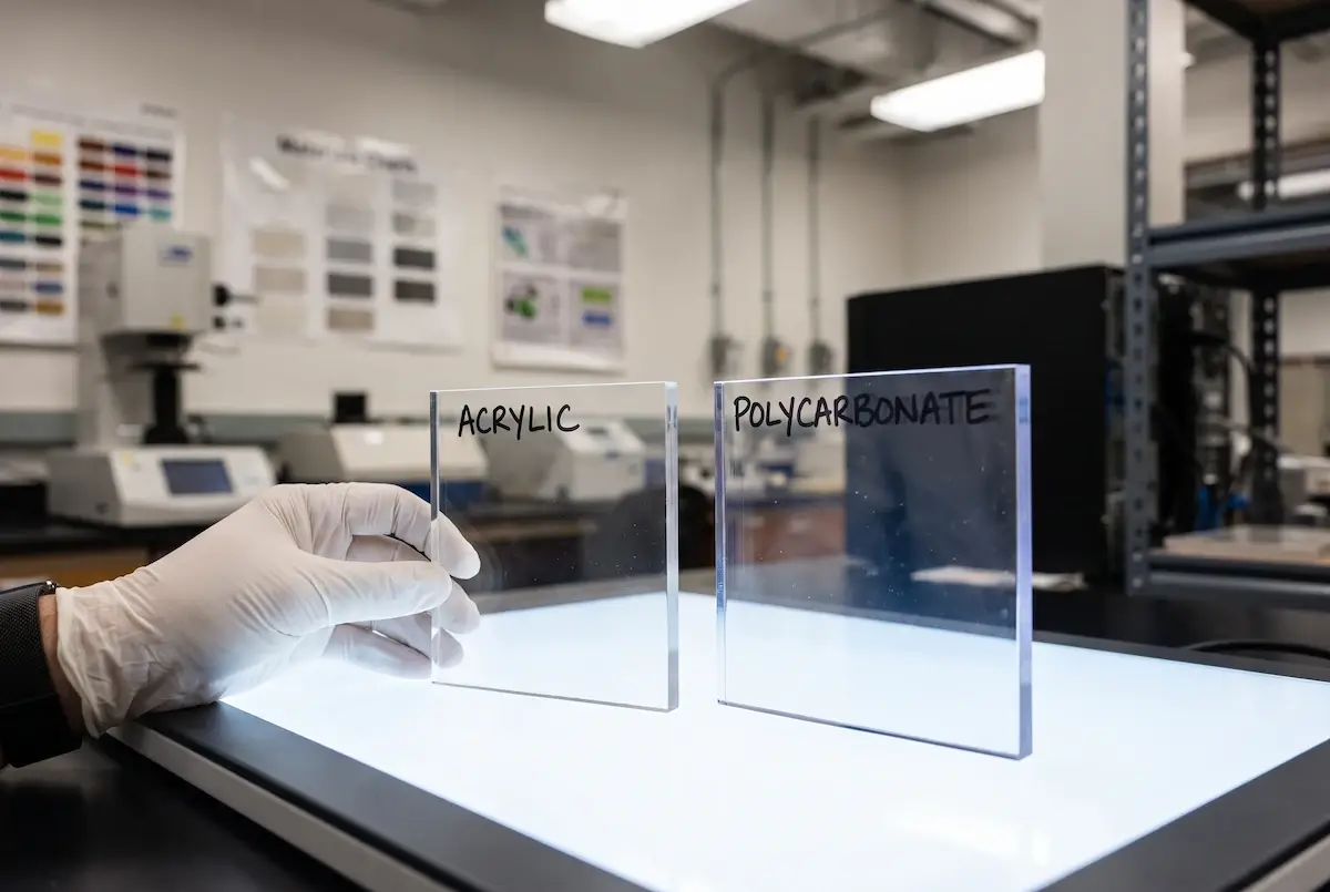 Clear polycarbonate and acrylic material sample plaques side by side