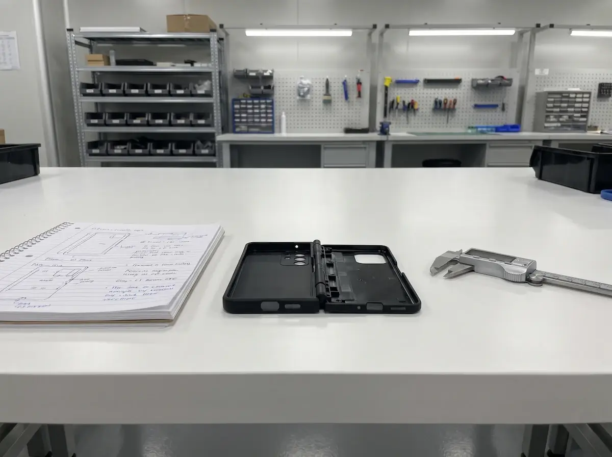A precision molded hinge component being measured with a caliper