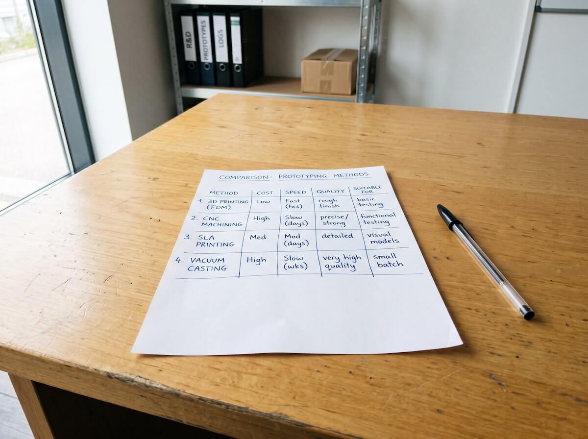 Printed notes comparing different prototyping methods on a desk