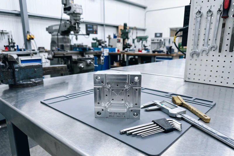 Rapid MUD tooling aluminum mold insert on a workbench