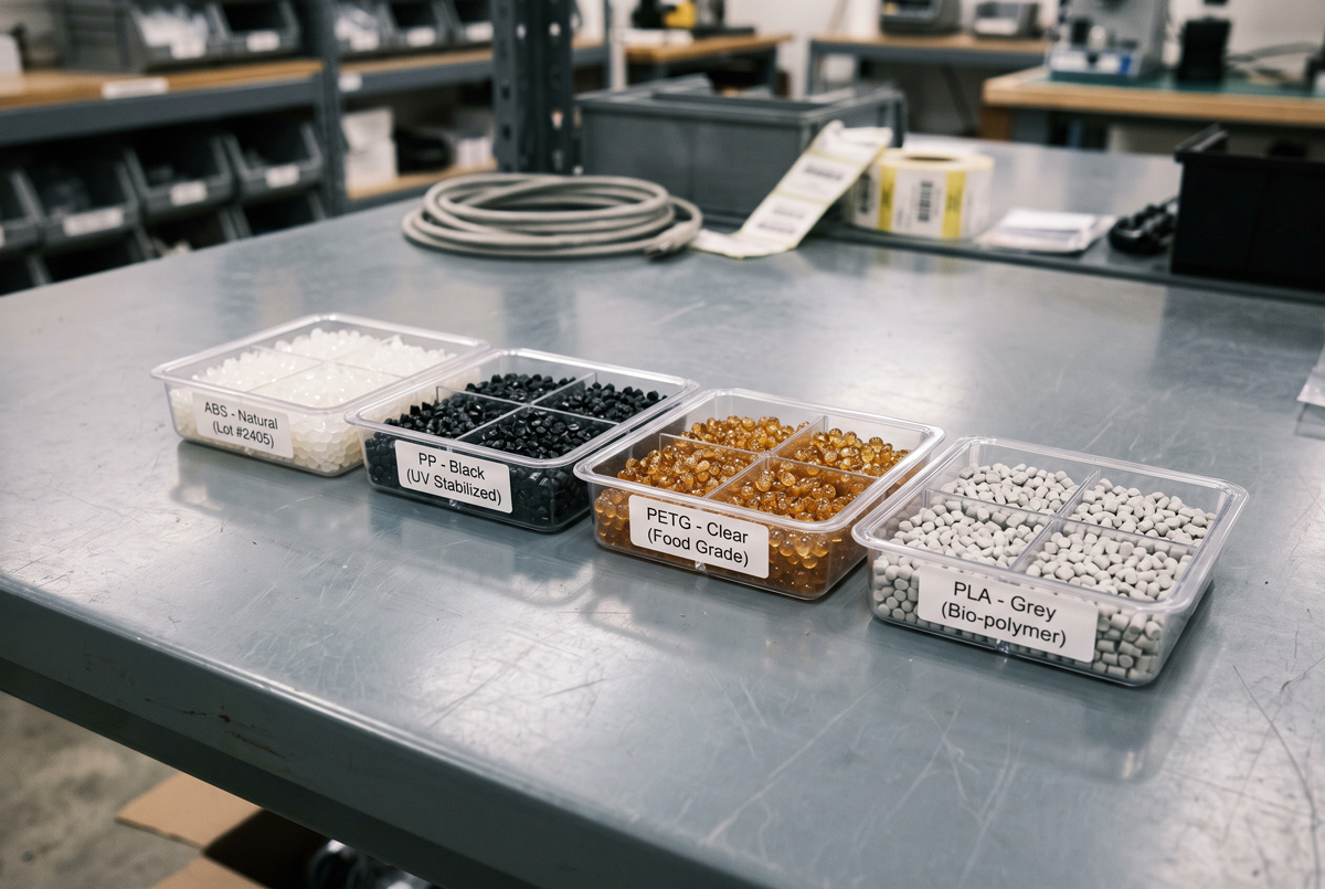Labeled trays of different plastic resin pellet types lined up for comparison
