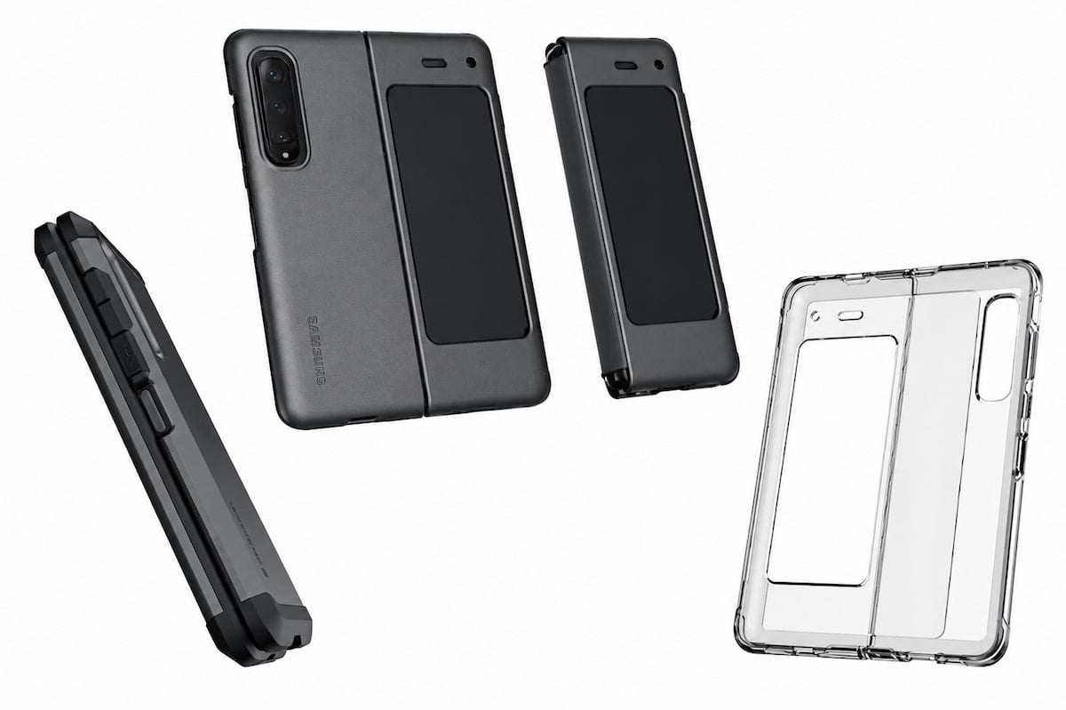 Samsung Galaxy Fold protective case shown in matte black from multiple angles with clear transparent cover