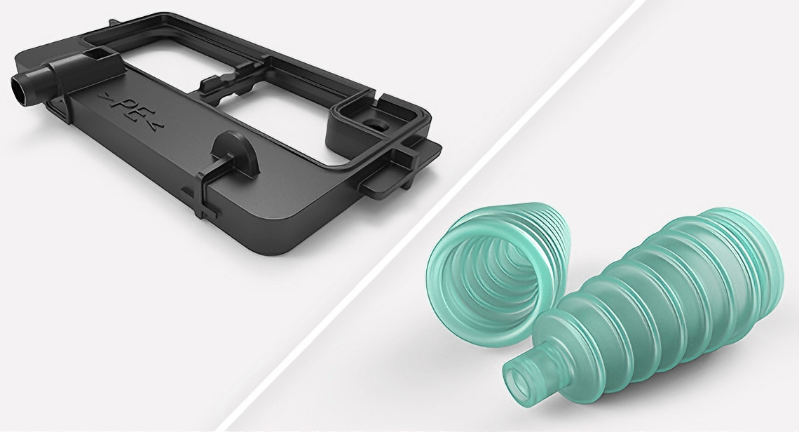 A thermoset part and a thermoplastic part placed side by side for comparison