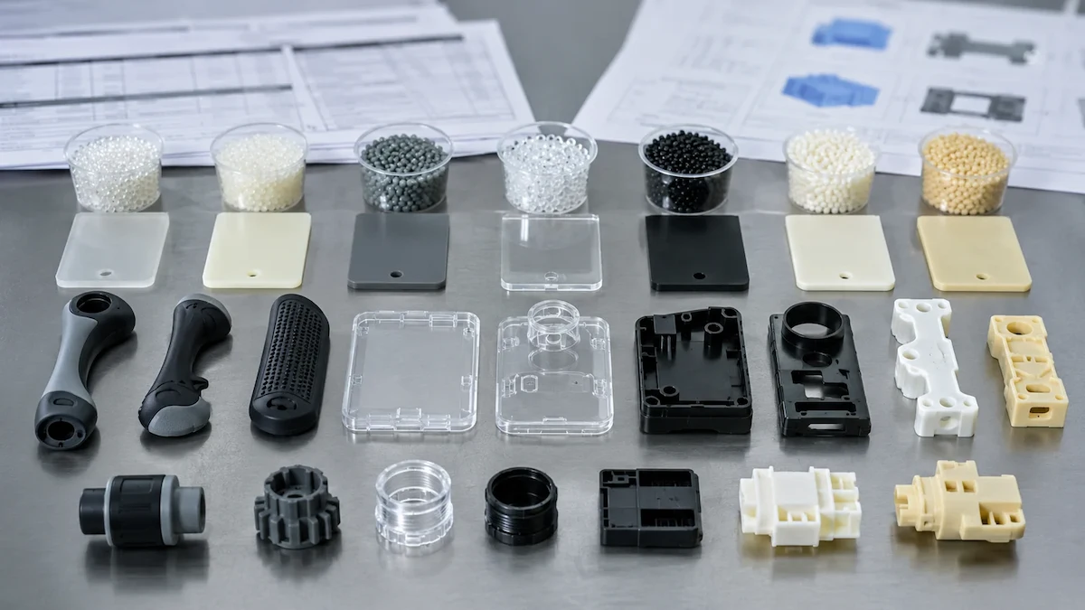 Sample overmolded parts showing TPE, TPU, and LSR material combinations