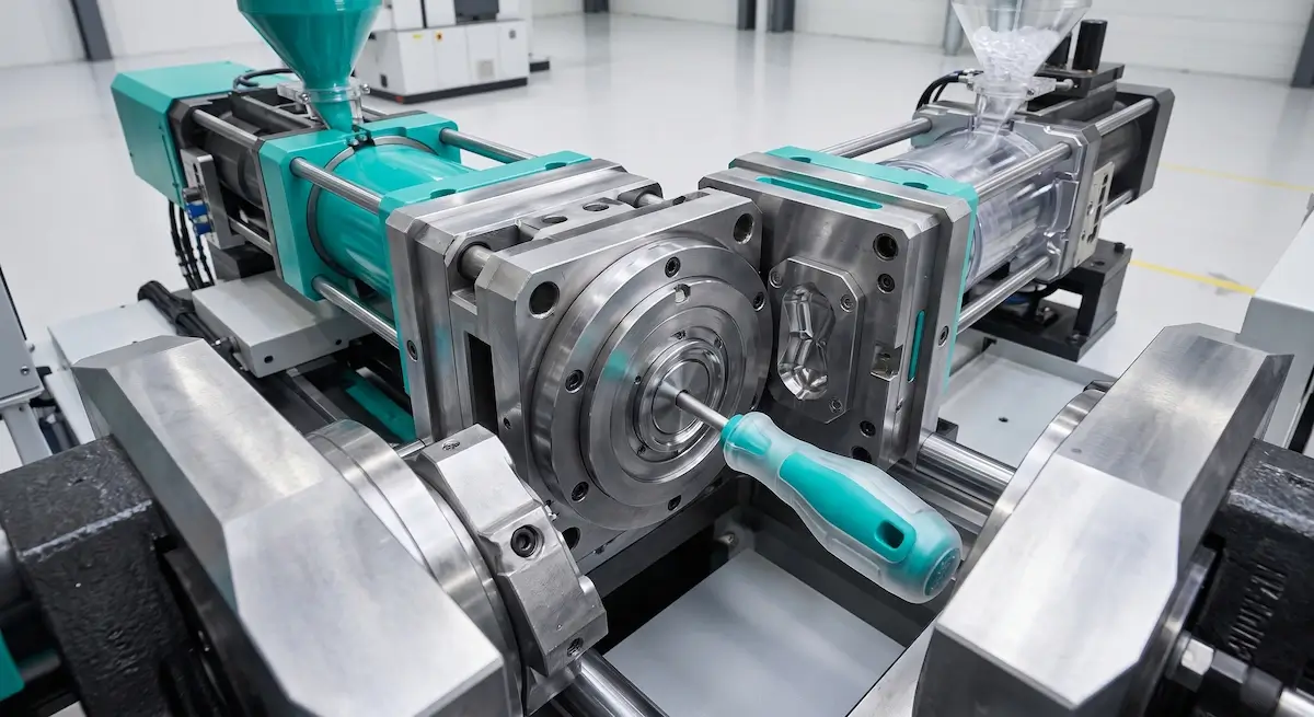Two-shot injection molding rotary press producing multi-material parts