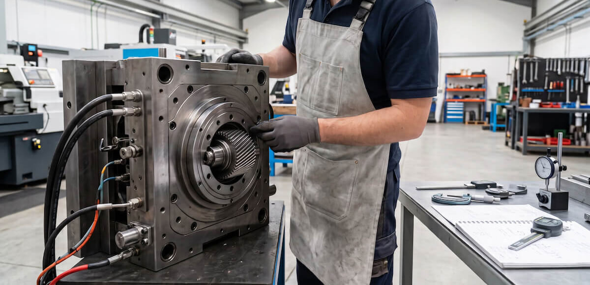 Toolmaker inspecting a two-shot rotary injection mold tool