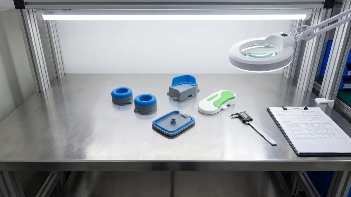 Finished two-shot injection molded parts showing rigid and soft-touch material combinations