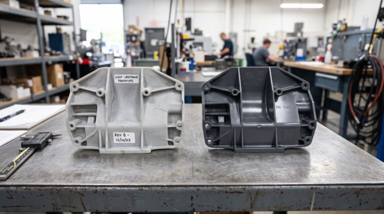 Vacuum cast prototype part and injection molded production part placed side by side for material comparison