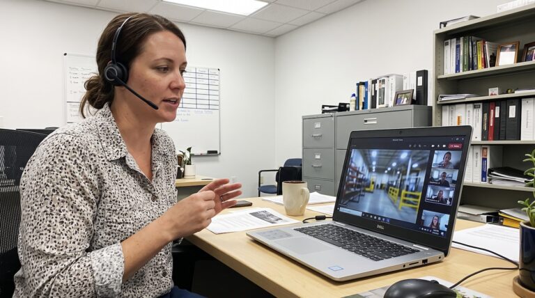 Person on a laptop video call looking at a live feed from a factory floor